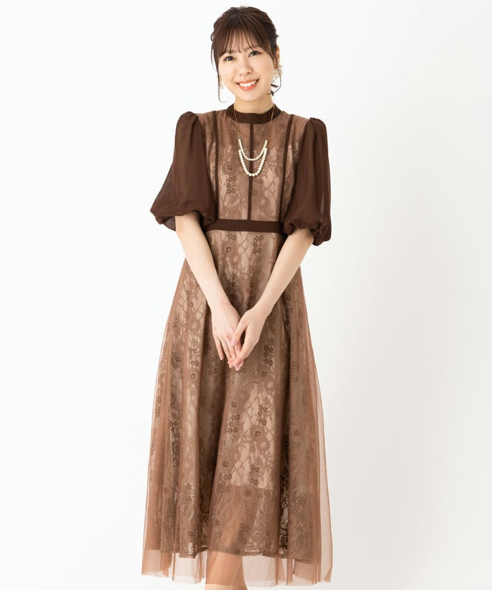 Leja レジャ ハイウエストチュールレース切り替えドレス ブラウン系