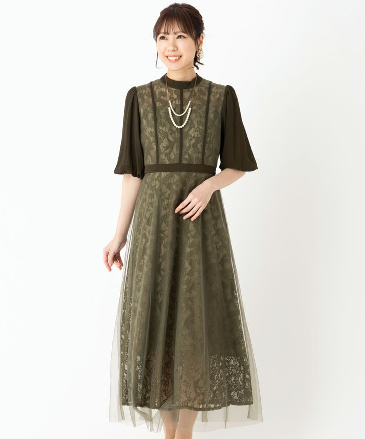 Leja レジャ ハイウエストチュールレース切り替えドレス グリーン系