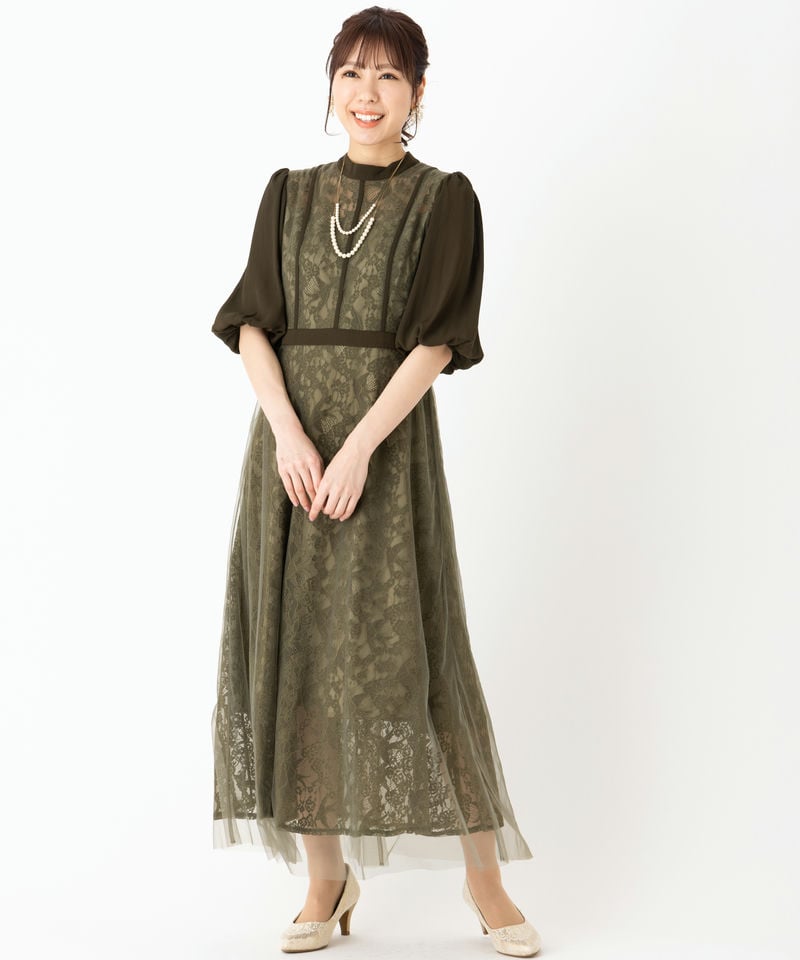 Leja レジャ ハイウエストチュールレース切り替えドレス グリーン系
