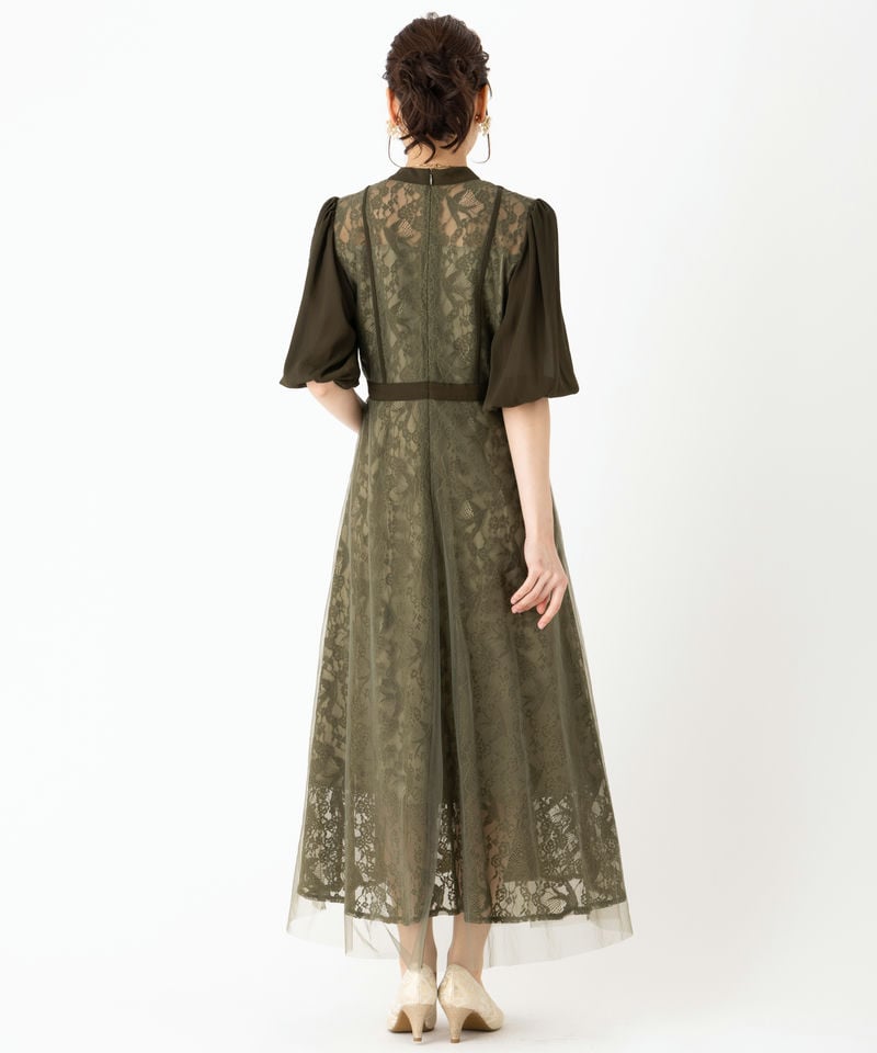 Leja レジャ ハイウエストチュールレース切り替えドレス グリーン系