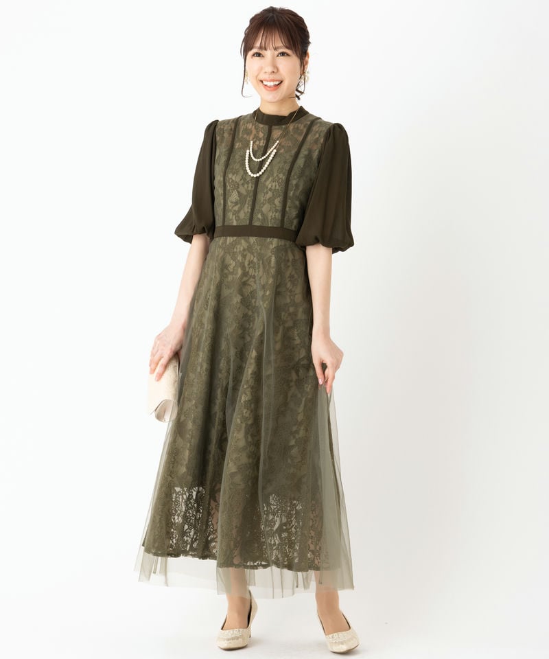 Leja レジャ ハイウエストチュールレース切り替えドレス グリーン系