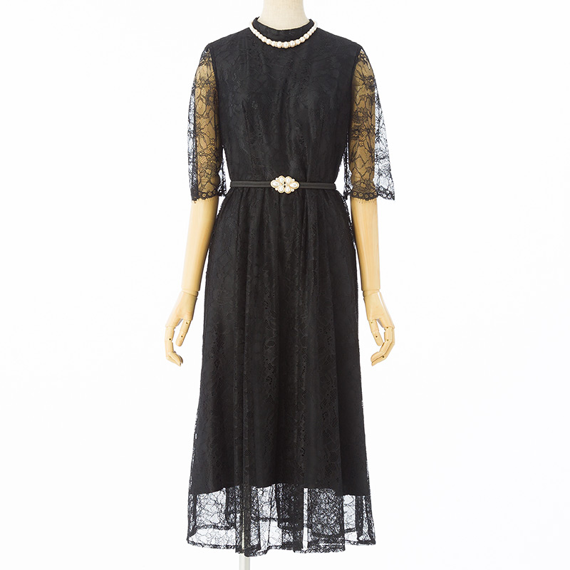 Aimer エメ ラッセルレース7分袖ロングドレス ブラック系 | 結婚式