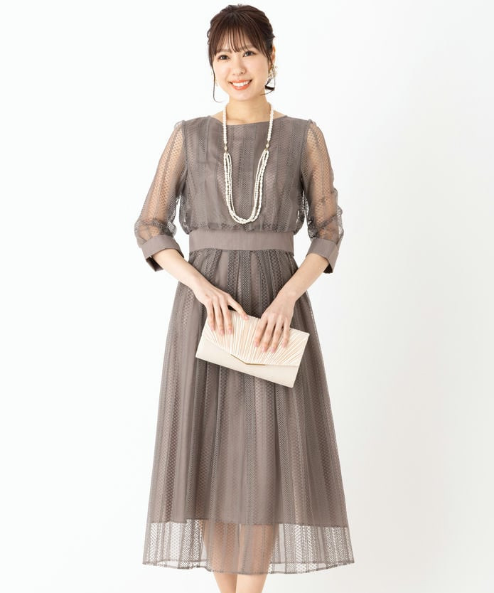 Aimer エメ チュールエンブロイダリーレースパイピングドレス グレー系