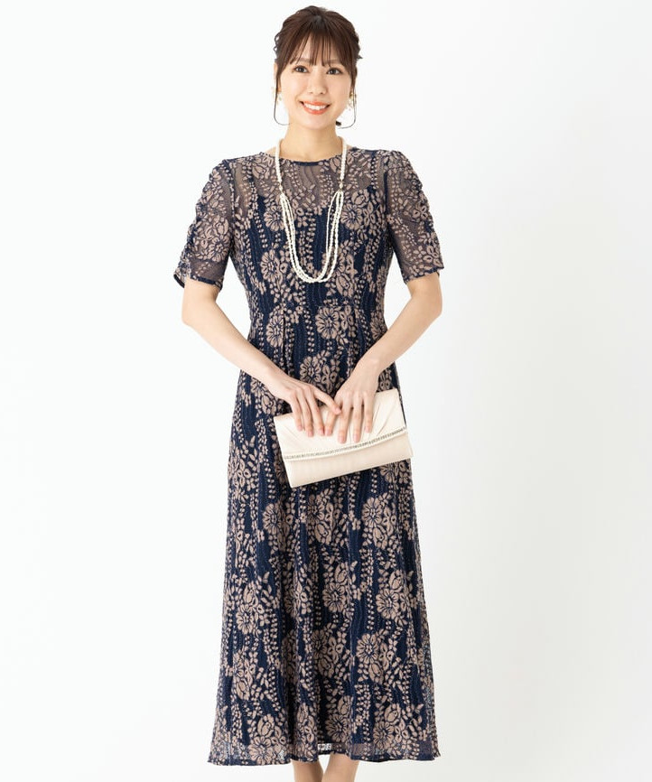 kaene 【ドレス2点セット】カエン 配色レースギャザードレス ネイビー