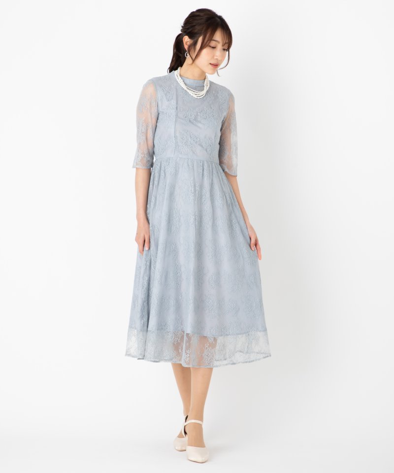 AIMER ラッセルレース×チュール パーティードレス　水色　ブルーグレー Aimer エメ ラッセルレースアンクル丈ドレス グレー系 x ブルー系