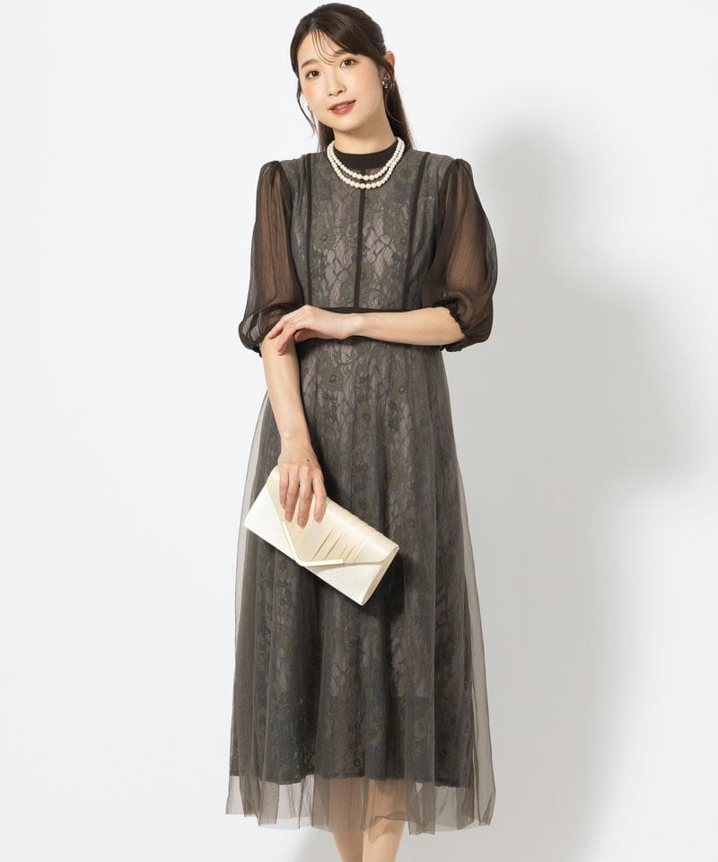 Leja レジャ ハイウエストチュールレース切り替えドレス グリーン系