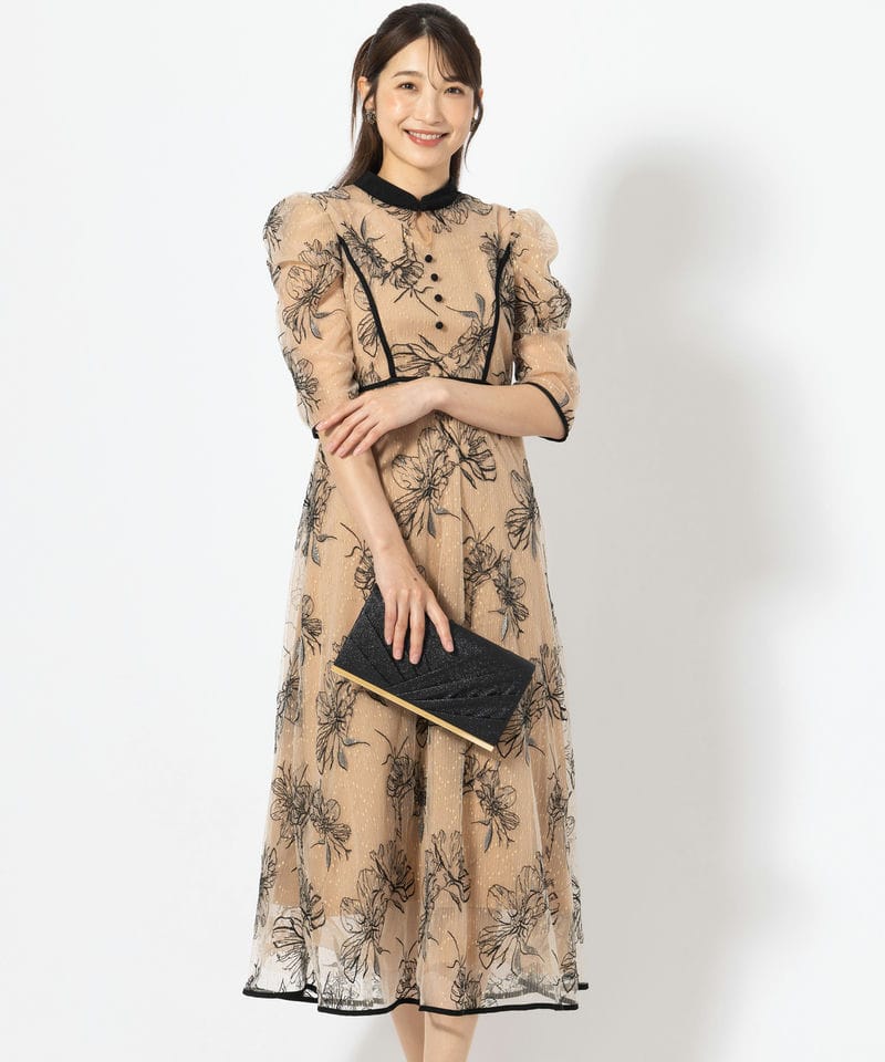 Leja レジャ 花柄刺繍スパンコールスリットIラインドレス グレー系