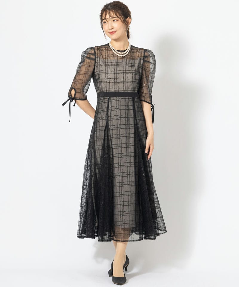 Leja チェックスパンコールリボンワンピースドレス ブラック定価¥19700 Leja レジャ チェックスパンコールリボンワンピースドレス ブラック系