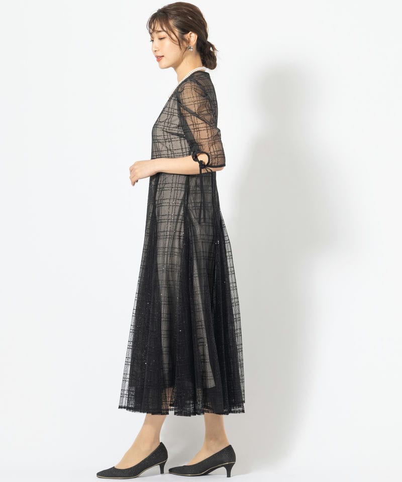 【Leja】チェックスパンコールリボンワンピースドレス Leja レジャ チェックスパンコールリボンワンピースドレス ブラック系