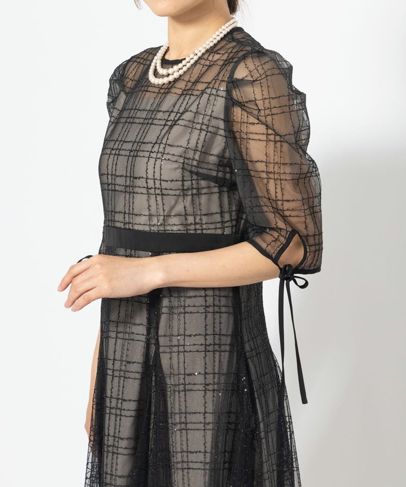 Leja レジャ チェックスパンコールリボンワンピースドレス ブラック系