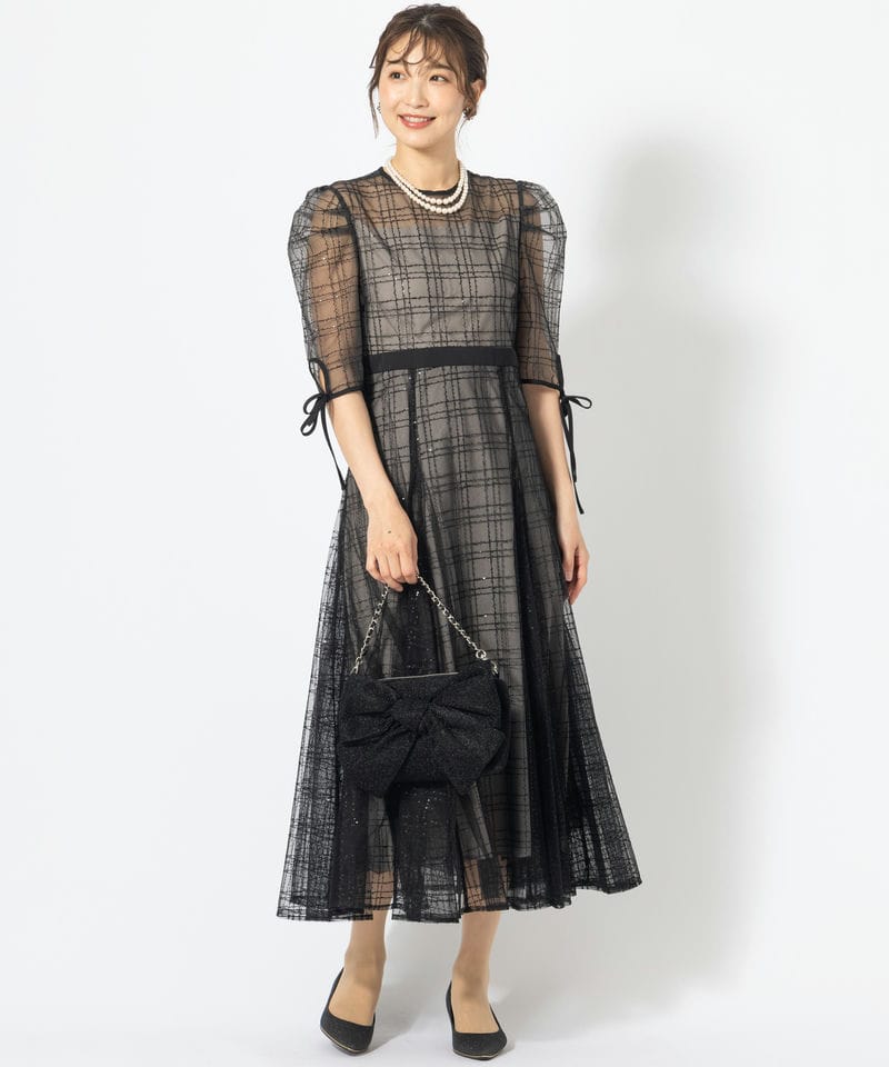 Leja レジャ チェックスパンコールリボンワンピースドレス ブラック系