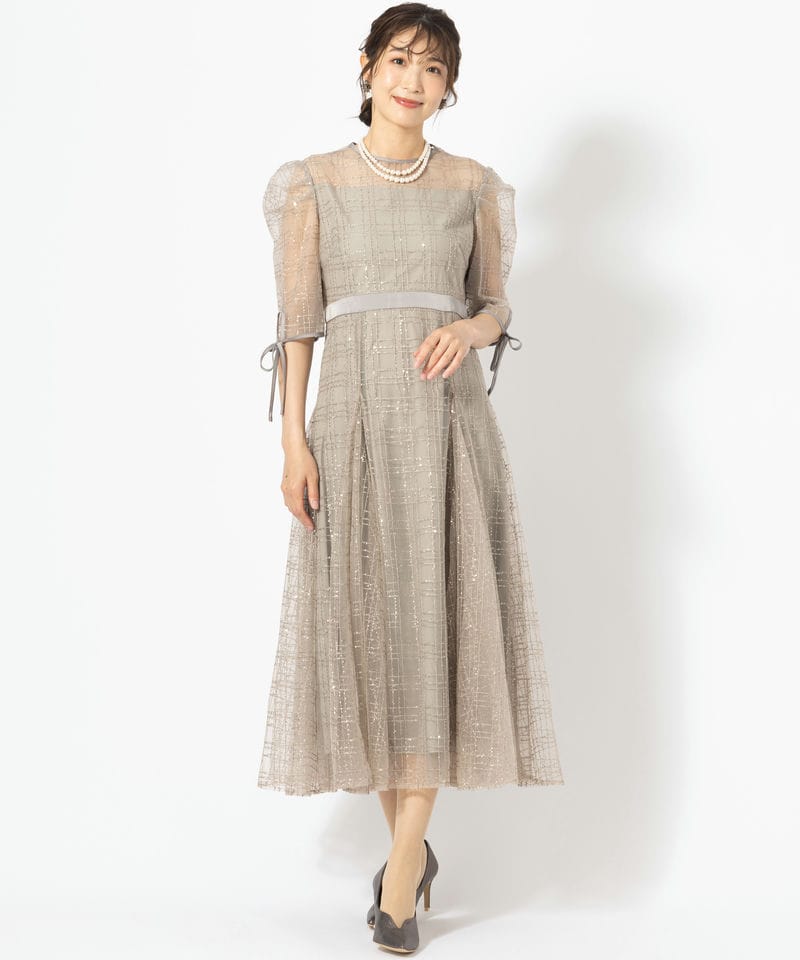 Leja 【A】レジャ チェックスパンコールリボンワンピースドレス グレー