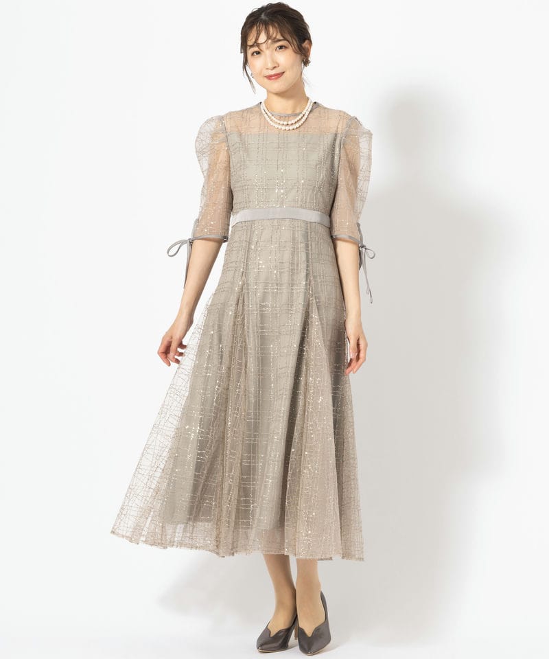 Leja 【A】レジャ チェックスパンコールリボンワンピースドレス グレー