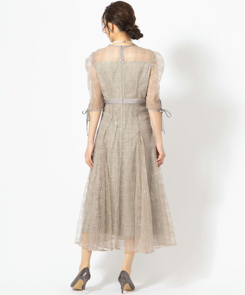 Leja チェックスパンコールグレードレス Leja レジャ チェックスパンコールリボンワンピースドレス グレー系
