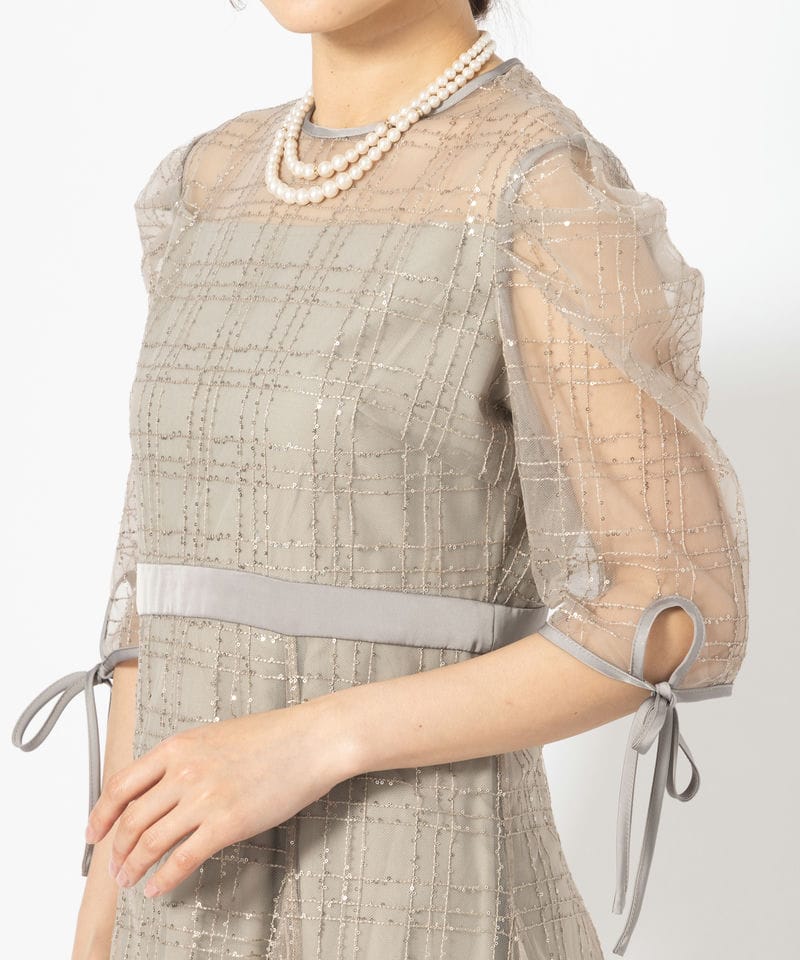 Leja 【A】レジャ チェックスパンコールリボンワンピースドレス グレー