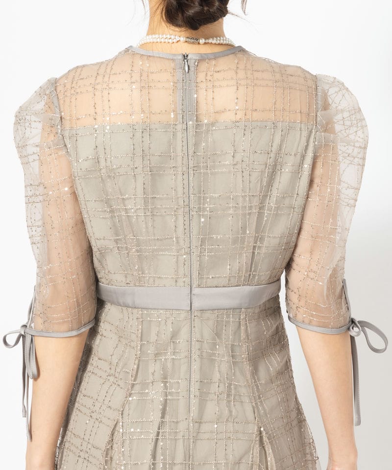 Leja 【A】レジャ チェックスパンコールリボンワンピースドレス グレー