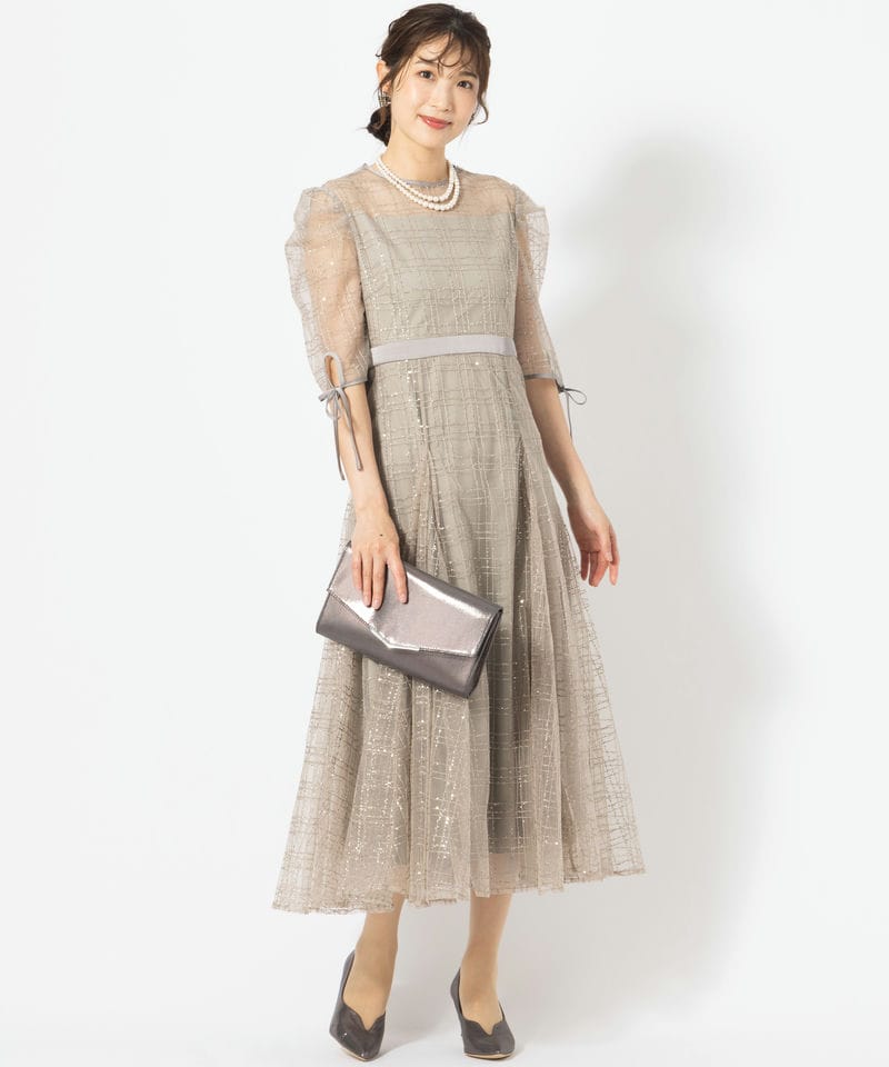 Leja 【A】レジャ チェックスパンコールリボンワンピースドレス グレー