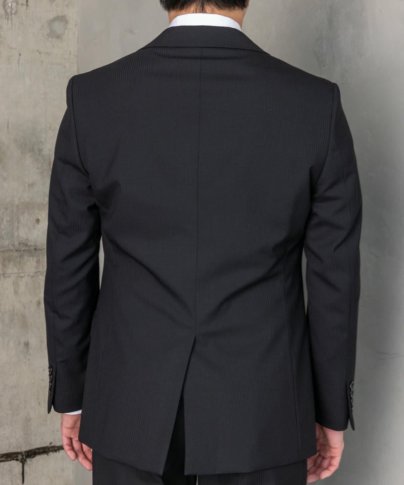 【美品】SUIT SELECT シャドーストライプ スリーピース ブラック A6 ウール混ストレッチ スリムフィット 2ボタン3ピーススーツ シャドー
