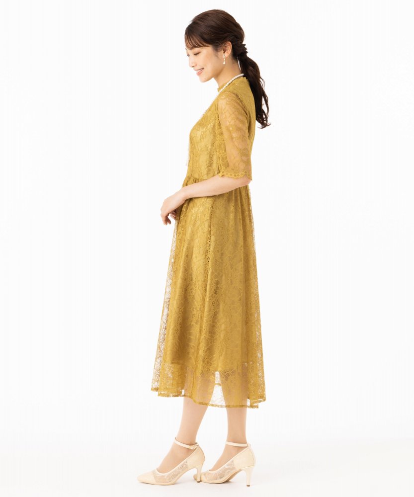 Aimer エメ ラッセルレース7分袖ロングドレス イエロー系 | 結婚式