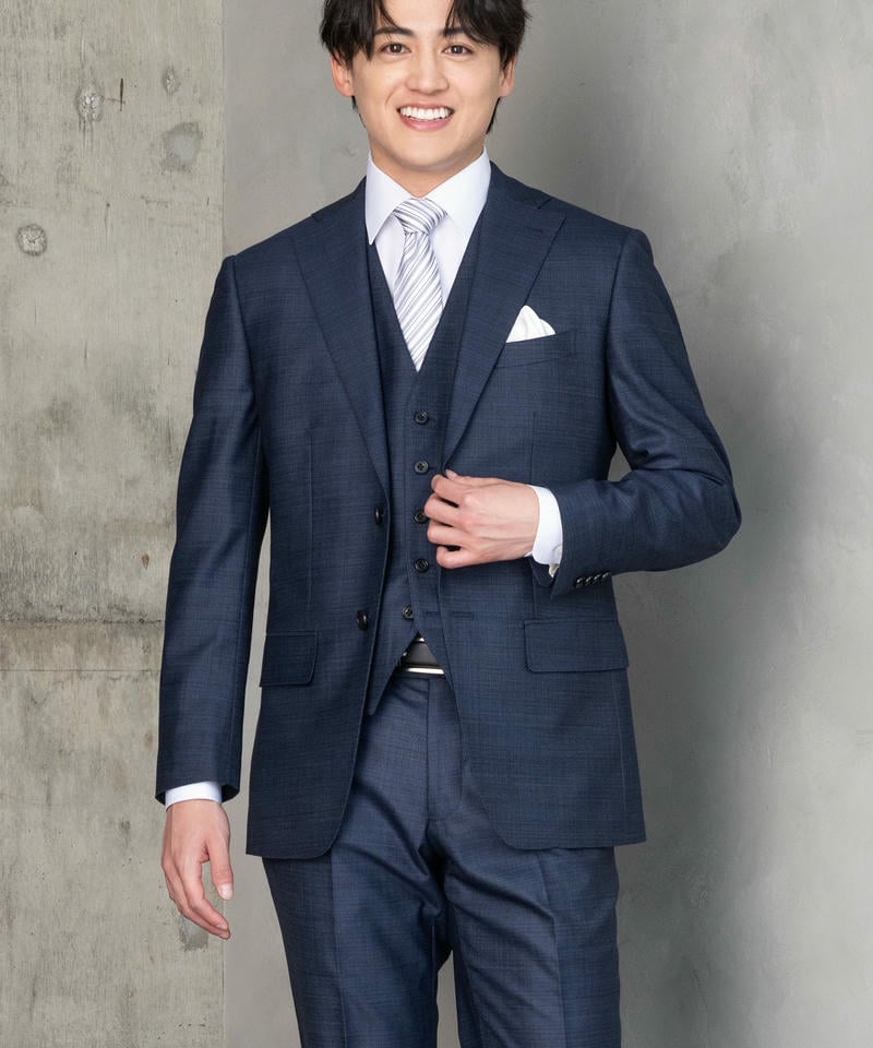 P.S.FA 【7点セット】光沢チェックスリーピーススーツセット ネイビー