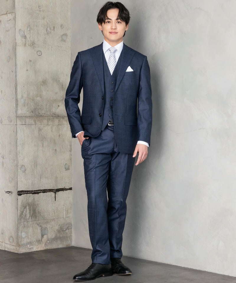 P.S.FA 【7点セット】光沢チェックスリーピーススーツセット ネイビー