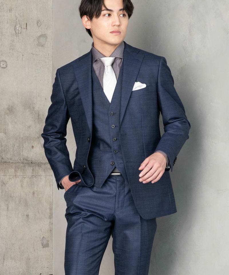 P.S.FA 光沢チェックスリーピーススーツ ネイビー系 | 結婚式