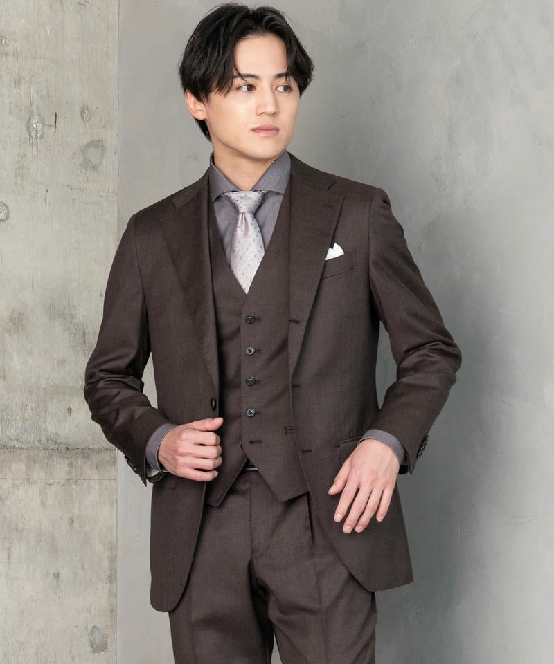 【美品】SUIT SELECT スリーピース　marzottoダークブラウン P.S.FA 【REDA】TRANS CONTINENTS・ウールスリーピーススーツ ブラウン