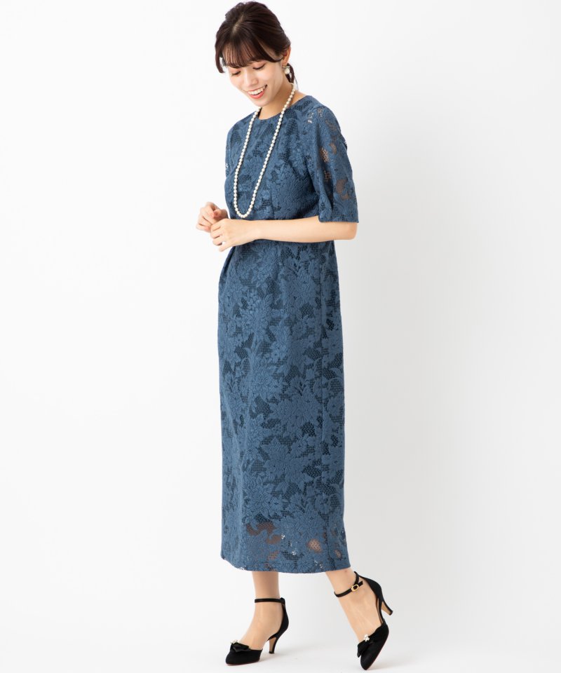 Aimer ジャカードレース袖付きタイトラインドレス ブルー系 | 結婚式