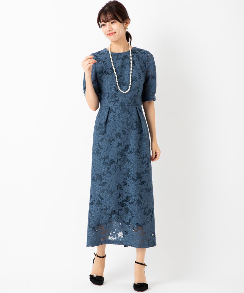 Aimer ジャカードレース袖付きタイトラインドレス ブルー系 | 結婚式