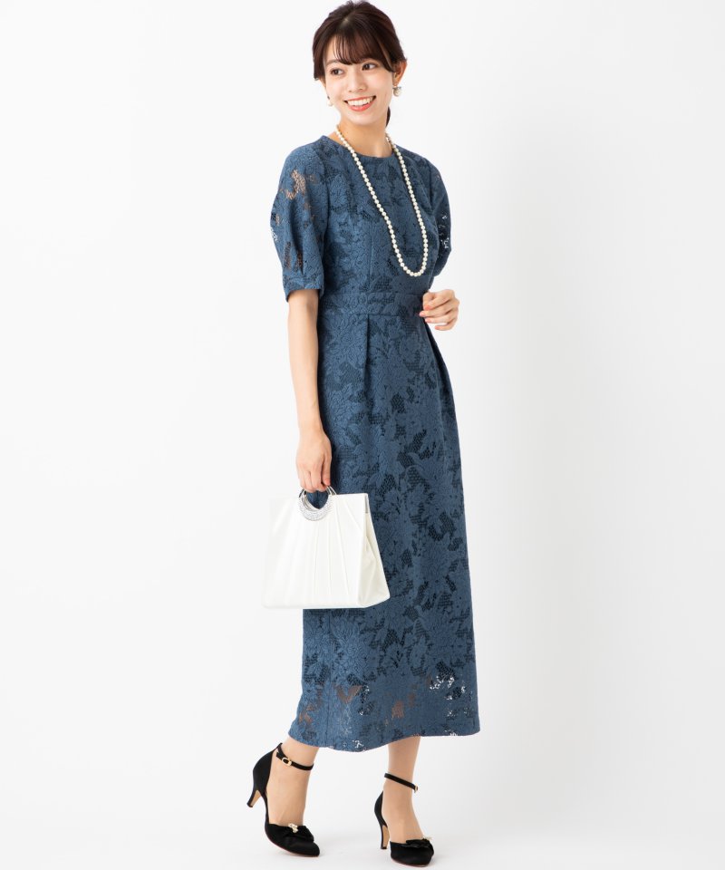 Aimer ジャカードレース袖付きタイトラインドレス ブルー系 | 結婚式