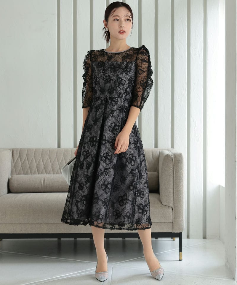 Select Shop パワーショルダーレースドレス ブラック系 | 結婚式
