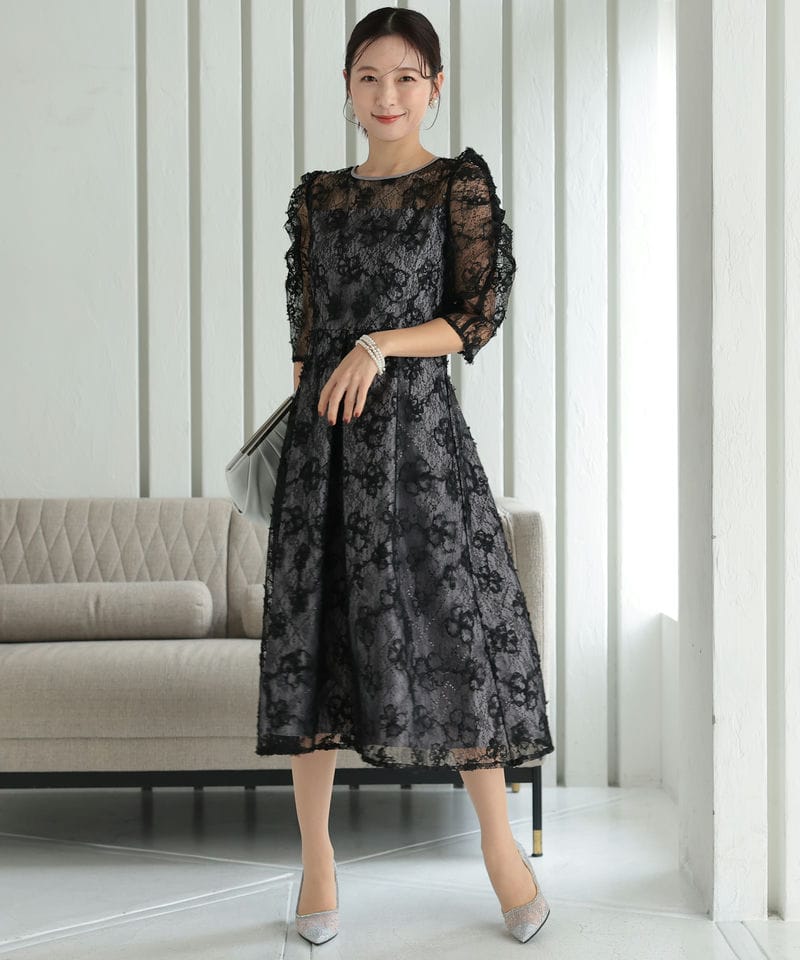 Select Shop パワーショルダーレースドレス ブラック系 | 結婚式