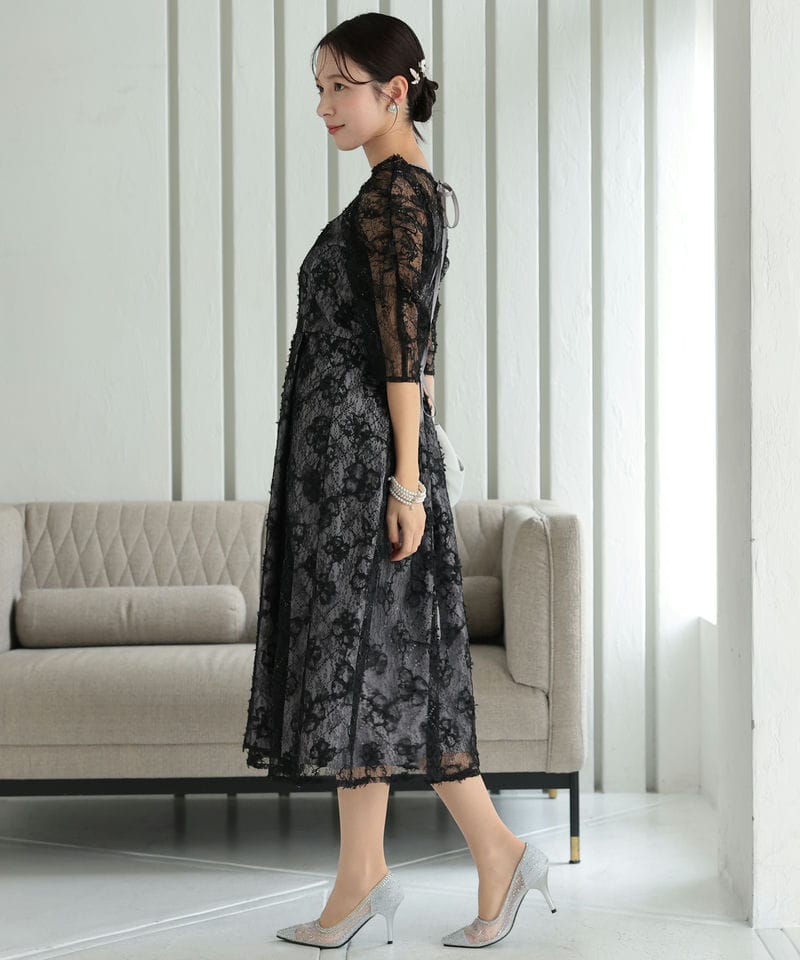 Select Shop パワーショルダーレースドレス ブラック系 | 結婚式