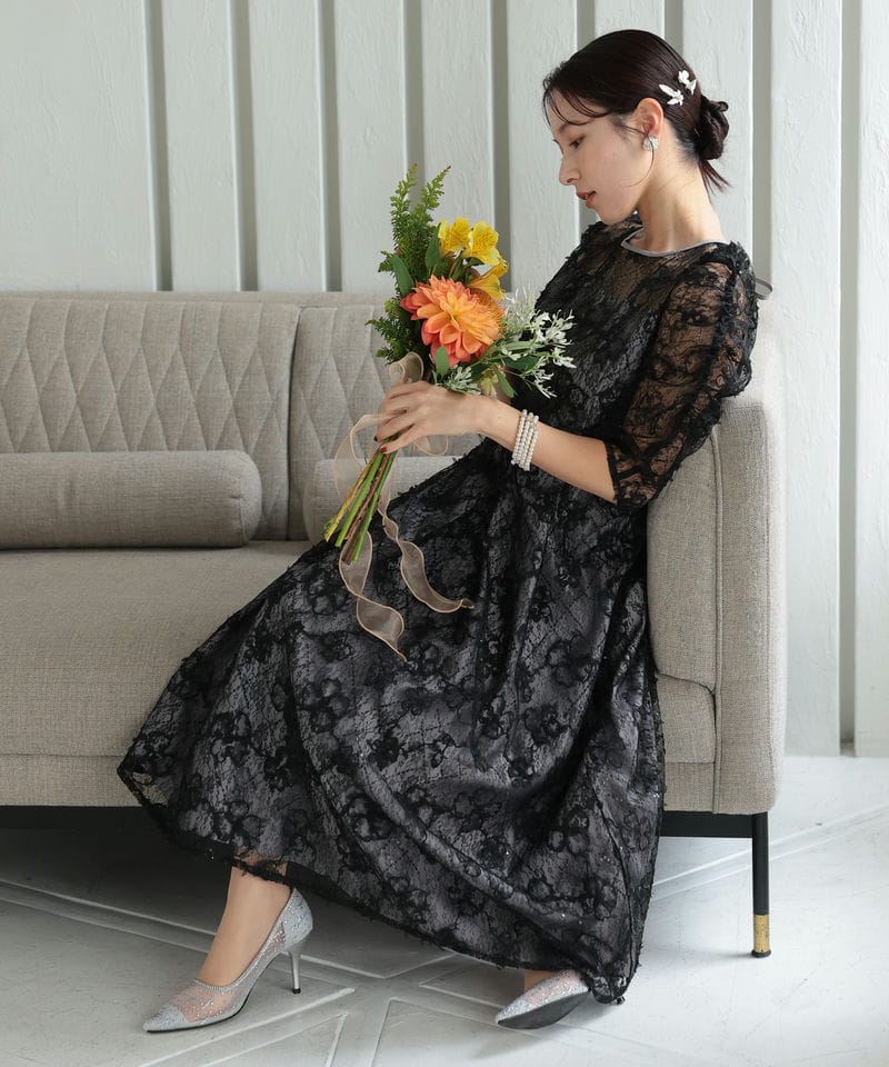 Select Shop パワーショルダーレースドレス ブラック系 | 結婚式