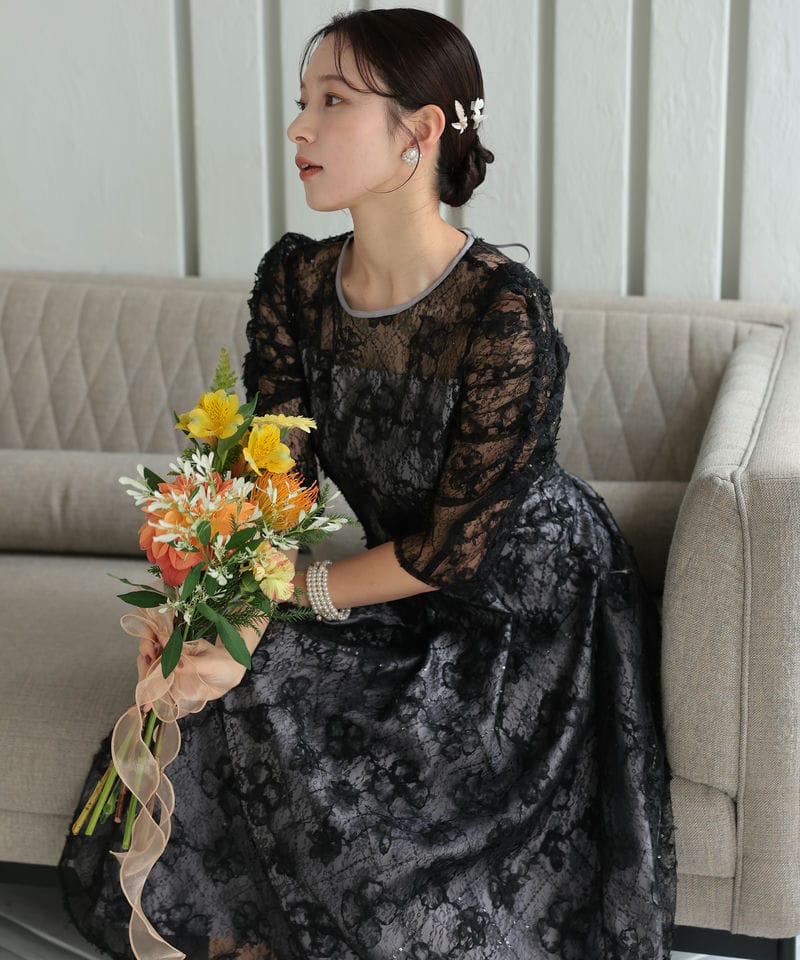 Select Shop パワーショルダーレースドレス ブラック系 | 結婚式