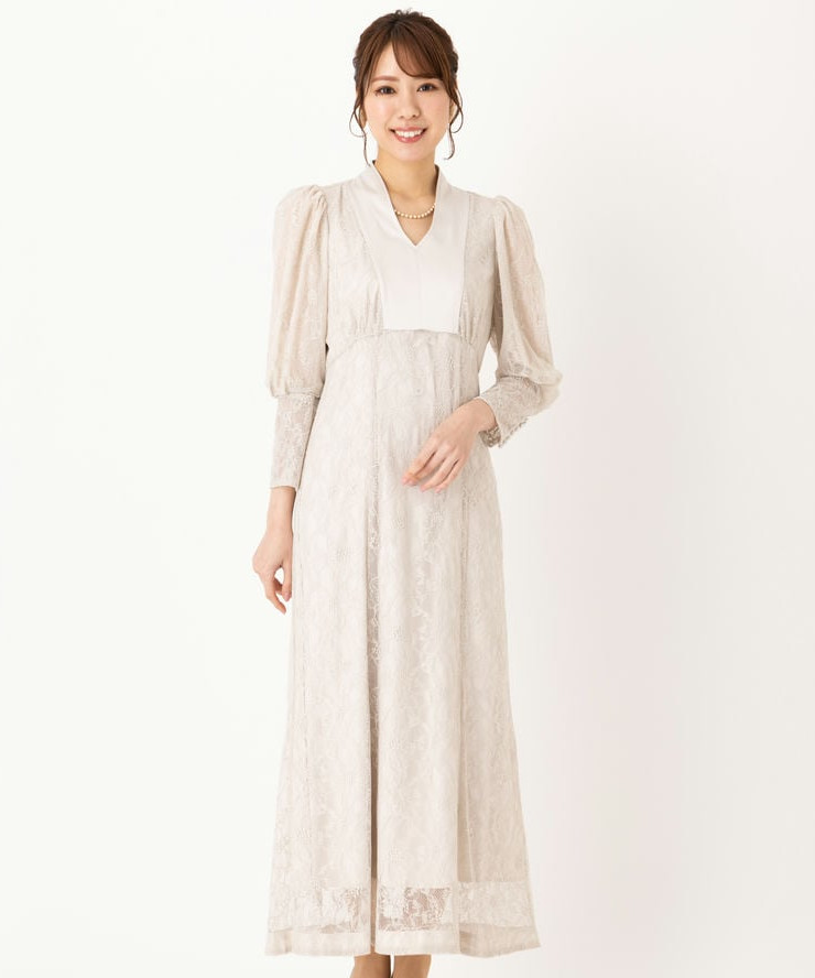 SNIDEL スナイデル パフスリーブレースドレス ベージュ系 | 結婚式
