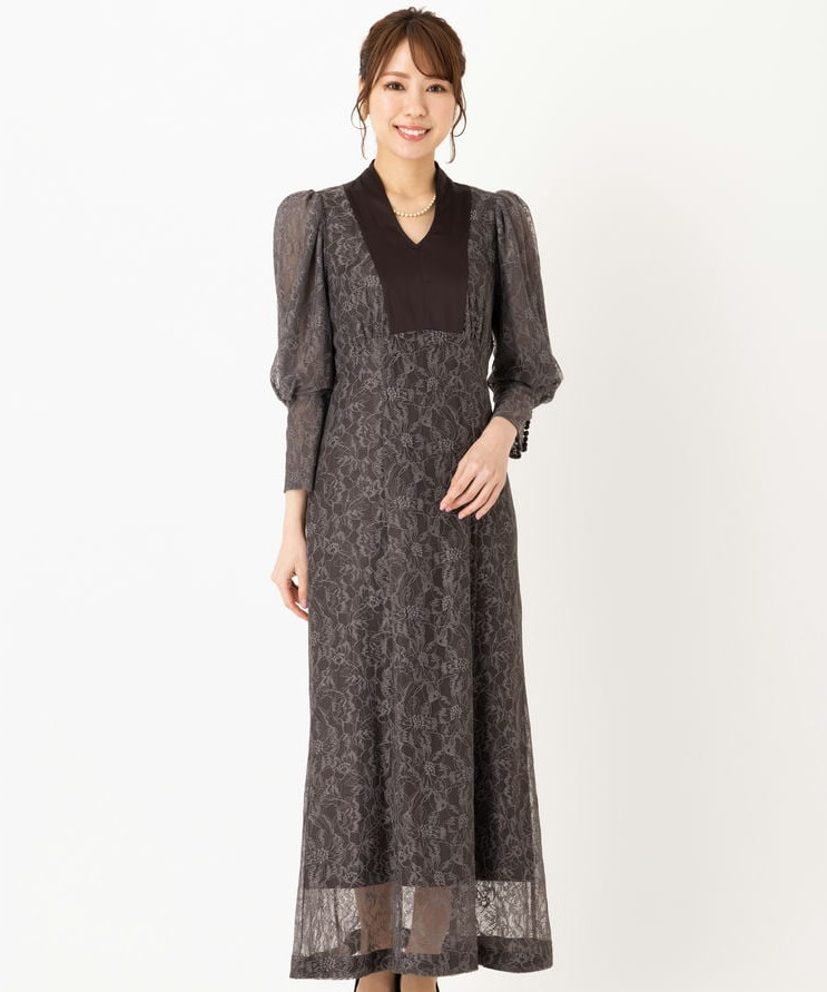 SNIDEL スナイデル パフスリーブレースドレス その他 x ブラウン系 x