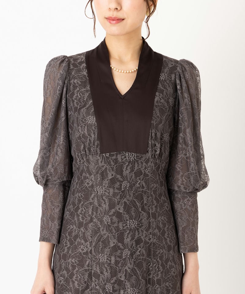 SNIDEL スナイデル パフスリーブレースドレス その他 x ブラウン系 x