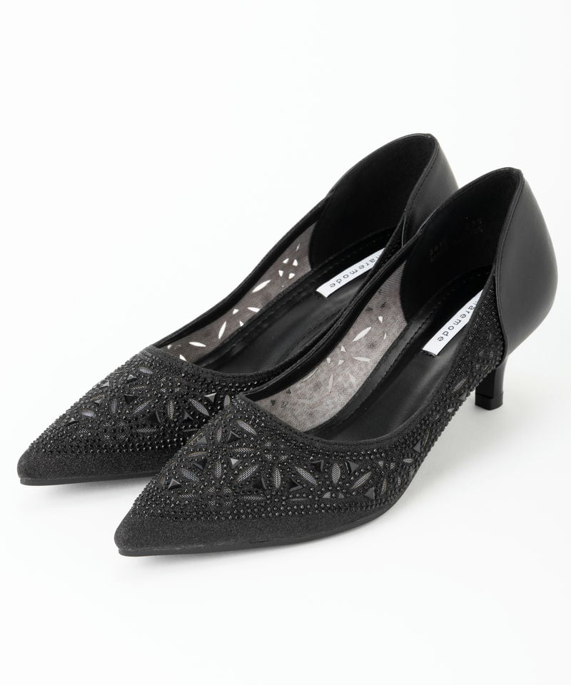 Miu Miu クリスタルビジュー付オープントゥパンプス ブラック系 | 結婚