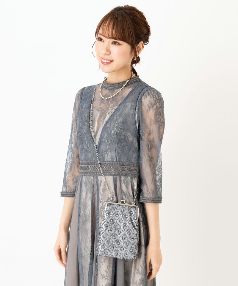 Select Shop ビーズ刺繍がま口サコッシュバッグ グレー系 x シルバー系