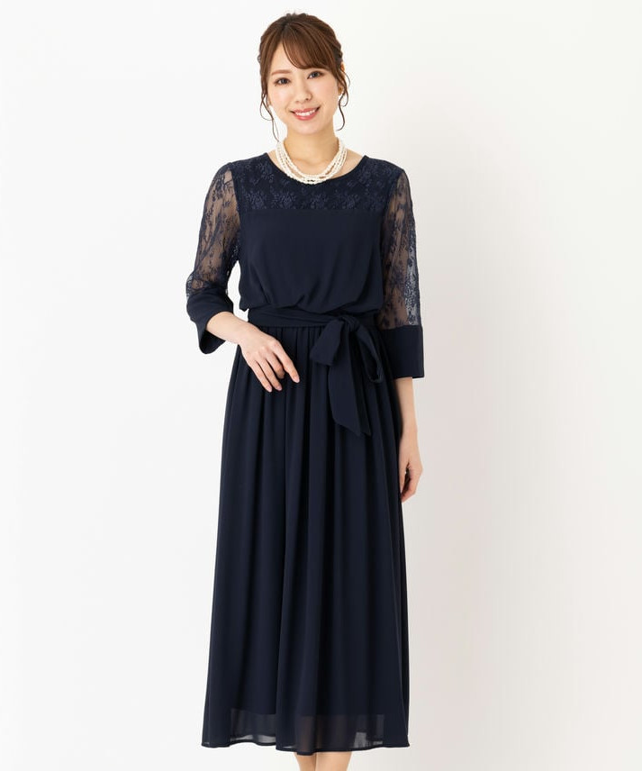 Sobre 美品 ロングドレス ワンピース レース 切替 リボン M STK Select Shop レースリボン切替ロングドレス ネイビー系 | 結婚式