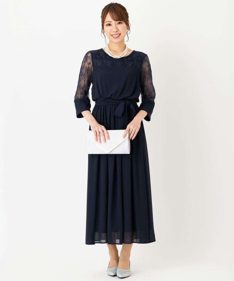 Select Shop レースリボン切替ロングドレス ネイビー系 | 結婚式
