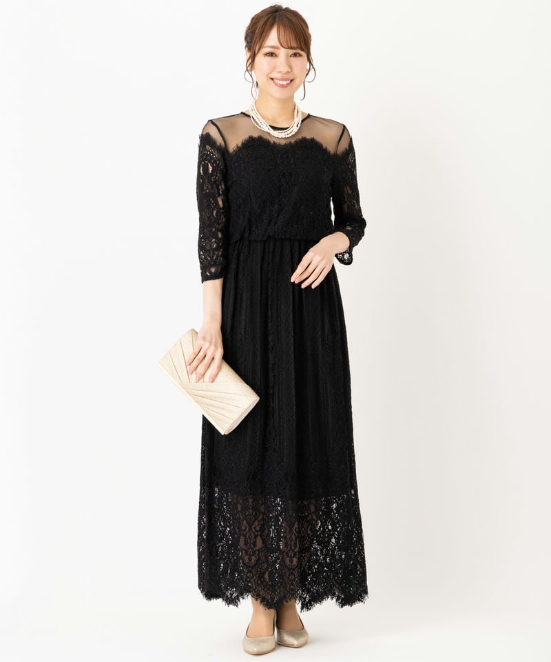 ADAM ET ROPÉ FEMME チュール×パネルレースドレス フォーマル ADAM ET ROPE' アダムエロぺ チュールパネルレースドレス ブラック系