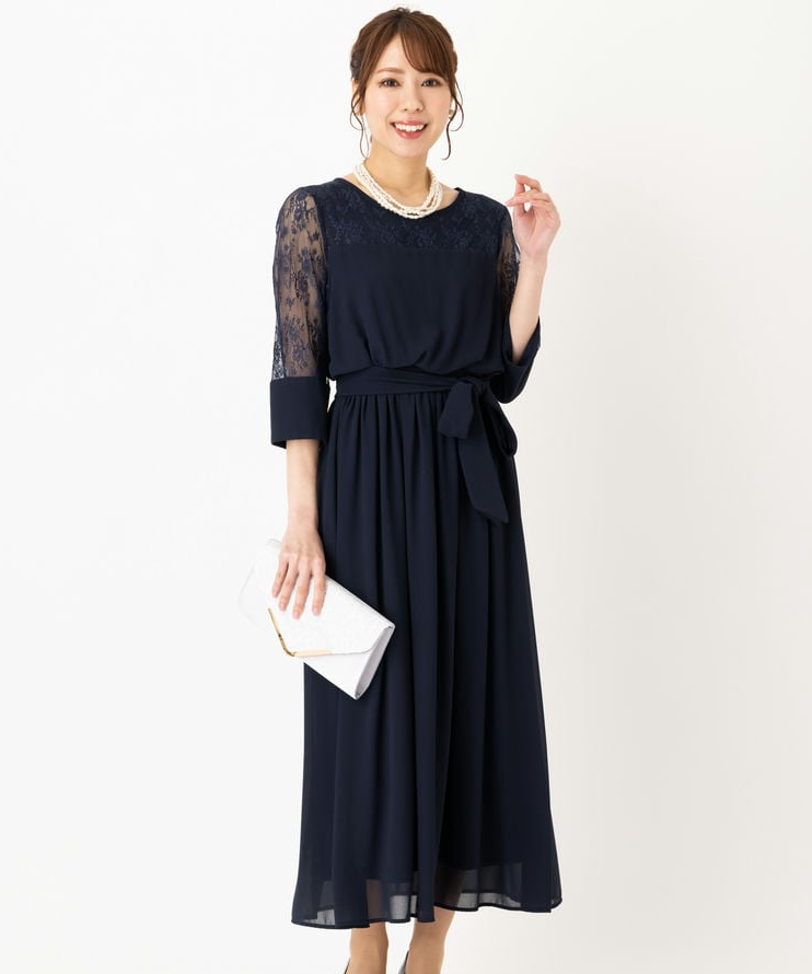 Aimer エメ プチハイネック5分袖レースドレス ネイビー系 | 結婚式