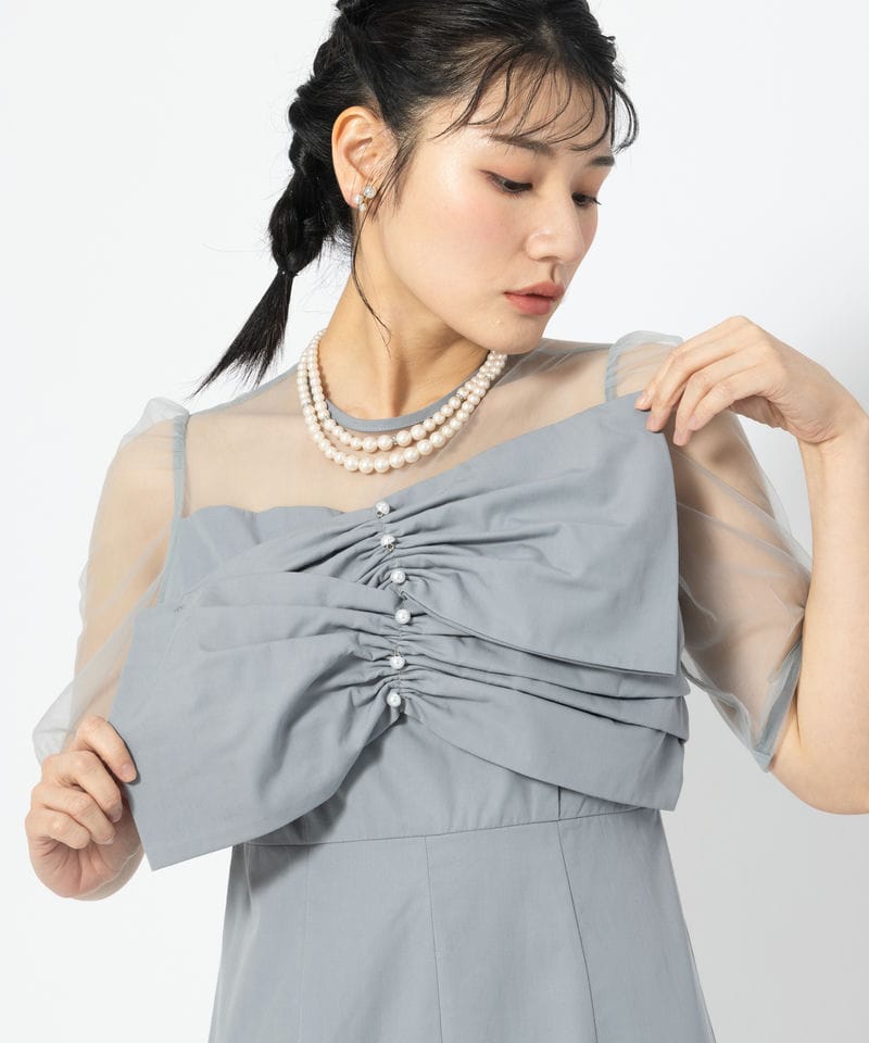 Leja レジャ フロントプリーツシアースリーブIラインドレス ブルー系