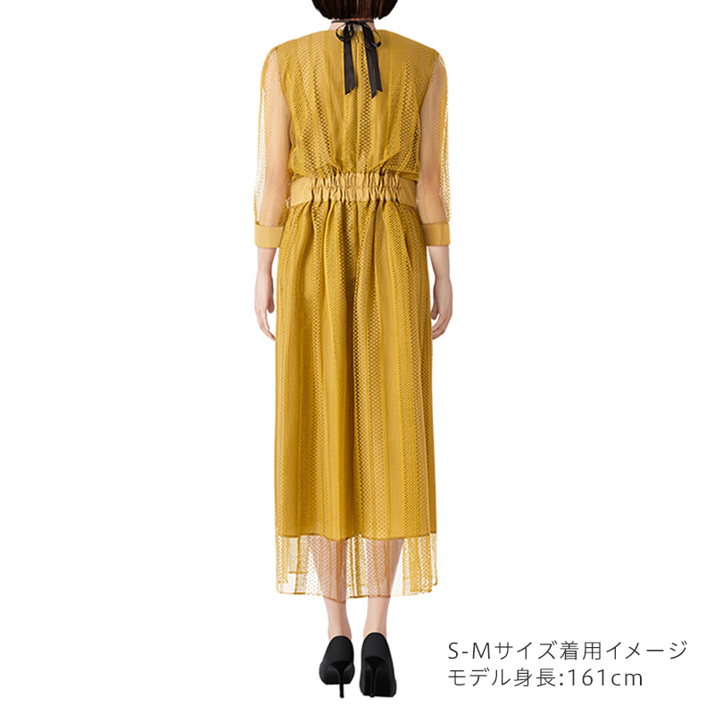 Aimer エメ 総ラッセルストライプレース7分袖ドレス その他 x イエロー