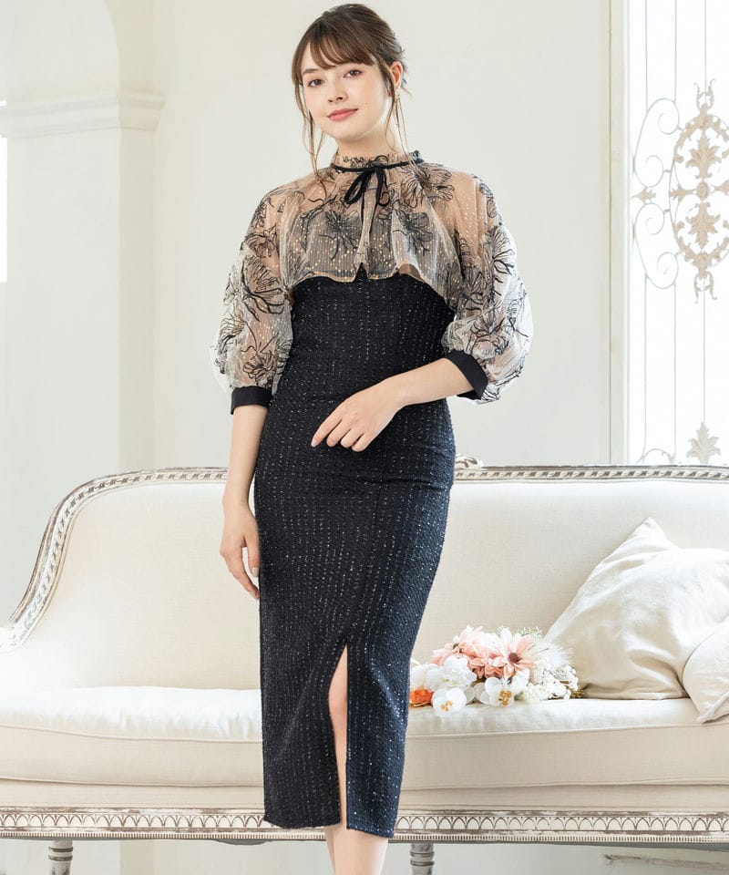 美品♡レジャ leja ドレス リーフレースカラー セットアップ ブラック M Leja レジャ リーフレースカラースリットスリーブセットアップドレス