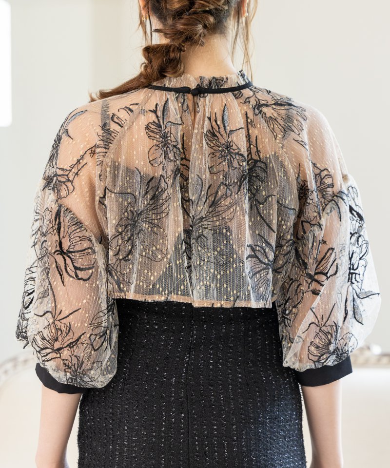 Leja レジャ 花柄刺繍ボレロ&ワッフルIラインタイトスリットドレス 