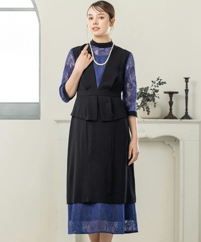 callarus カラルス スタンドカラーレース切替デザインドレス ネイビー