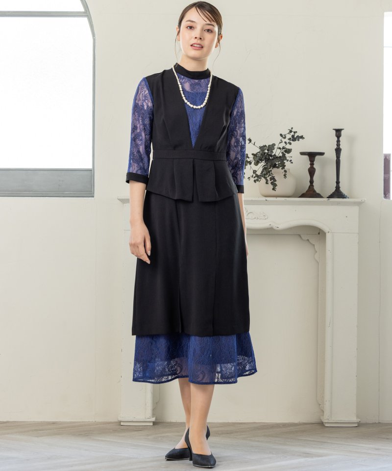 callarus カラルス スタンドカラーレース切替デザインドレス ネイビー